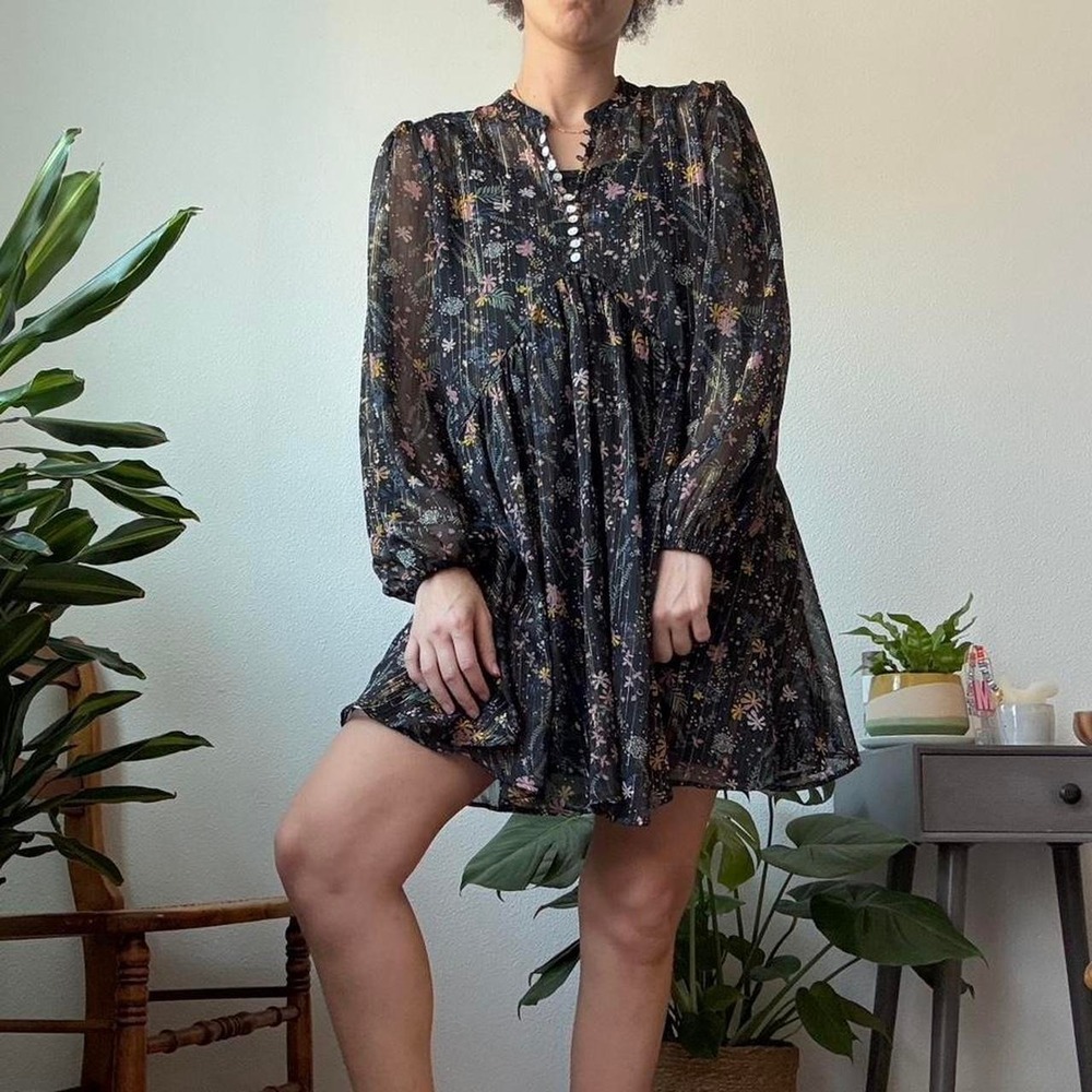 Style Envy Black Floral Metallic Gold Stripe Babydoll Mini Dress Long Sleeve S/M